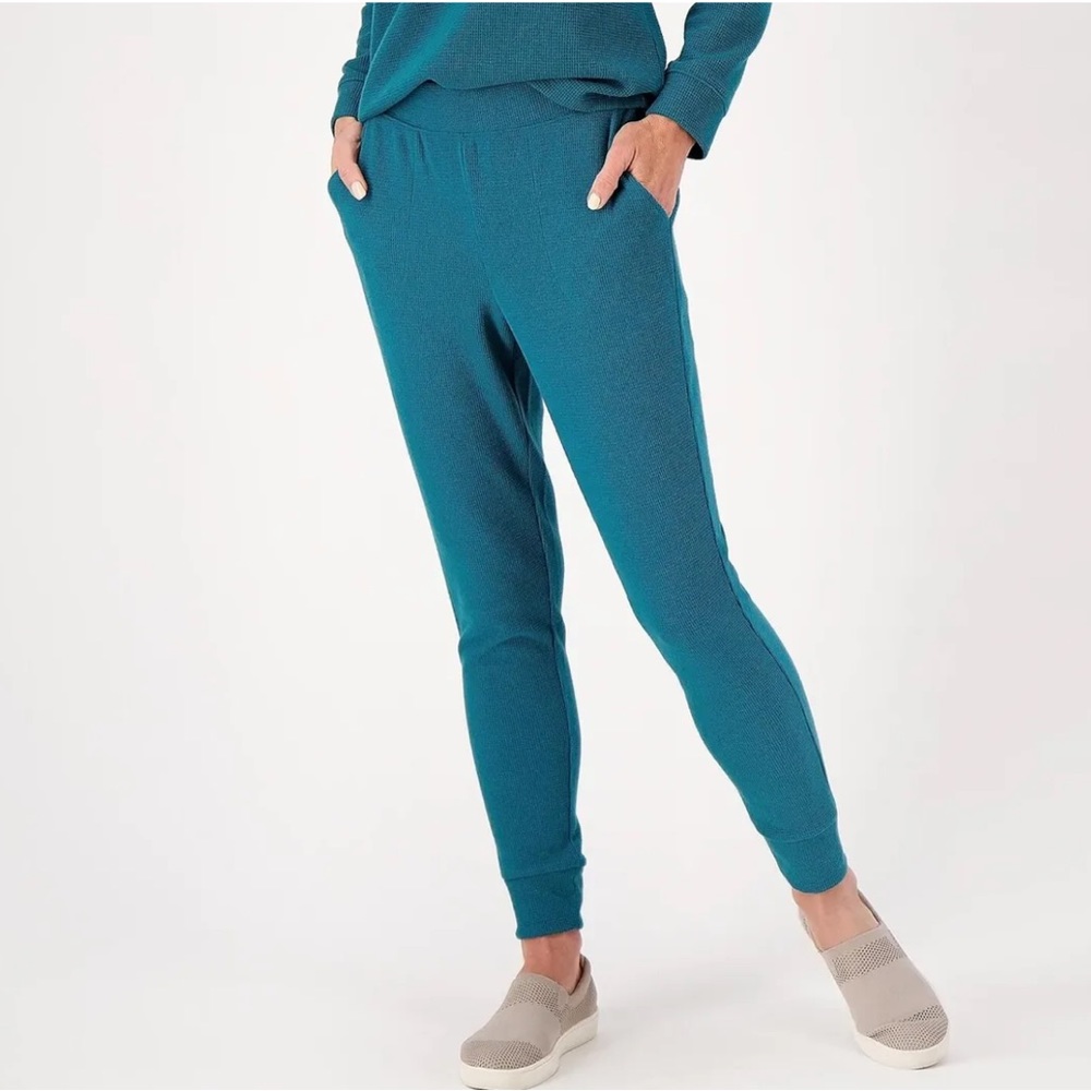 Denim & Co. Comfort Zone Brushed Waffle Knit Pull-On Joggers Spruce Green XL